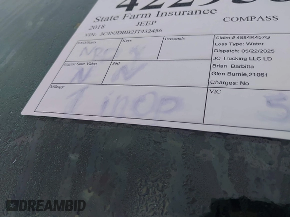 2018 Jeep Compass Altitude z VIN 3C4NJDBB2JT432456, wystawiony jako IAAI lot #42295863 z przebiegiem Nie podano mil oraz . Historia ofert i sprzedaży dostępna na DreamBid. Obrazek 7.
