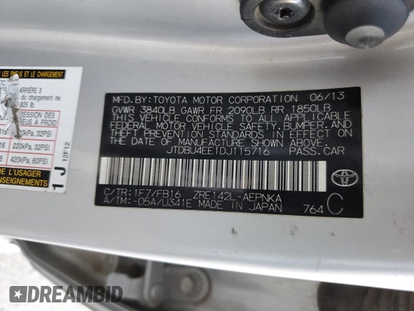 2013 Toyota Corolla L with VIN JTDBU4EE1DJ115716, listed as a Copart auction lot 46657615 with 88,742 mi miles and Salvage Title. Bid and sale history available at DreamBid. Image 12.