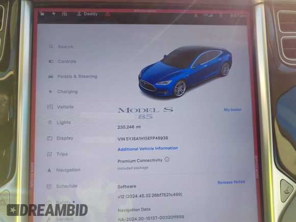2014 Tesla Model S 60 z VIN 5YJSA1H15EFP48938, wystawiony jako IAAI lot #41574976 z przebiegiem 230 246 mil mil oraz . Historia ofert i sprzedaży dostępna na DreamBid. Obrazek 15.