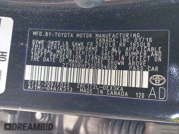 2016 Toyota Corolla L with VIN 2T1BURHE2GC594608, listed as a IAAI auction lot 41755262 with 58,969 mi miles and . Bid and sale history available at DreamBid. Image 9.