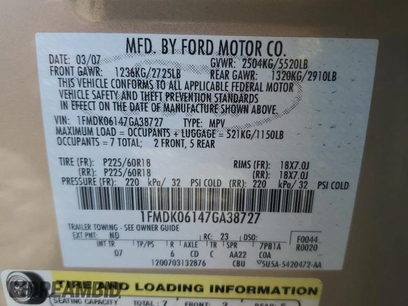 2007 Ford Freestyle Limited with VIN 1FMDK06147GA38727, listed as a Copart auction lot 56248925 with 151,950 mi miles and Salvage title. Bid and sale history available at DreamBid. Image 12.