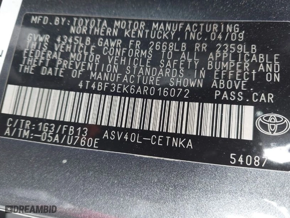 2010 Toyota Camry with VIN 4T4BF3EK6AR016072, listed as a IAAI auction lot 41944942 with 169,203 mi miles. Bid and sale history available at carsss.com. Image 9.