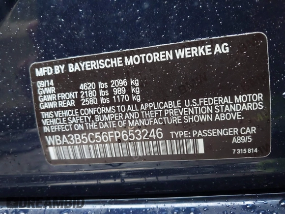 2015 BMW 3 Series 328i xDrive with VIN WBA3B5C56FP653246, listed as a IAAI auction lot 40525268 with 83,329 mi miles and . Bid and sale history available at DreamBid. Image 9.