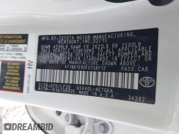 2015 Toyota Avalon Limited with VIN 4T1BK1EB0FU158712, listed as a IAAI auction lot 41436341 with 127,752 mi miles and . Bid and sale history available at DreamBid. Image 9.