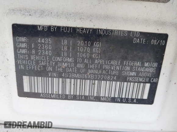 2011 Subaru Legacy Prem with VIN 4S3BMBB6XB3220824, listed as a IAAI auction lot 42174334 with 168,528 mi miles and . Bid and sale history available at DreamBid. Image 9.