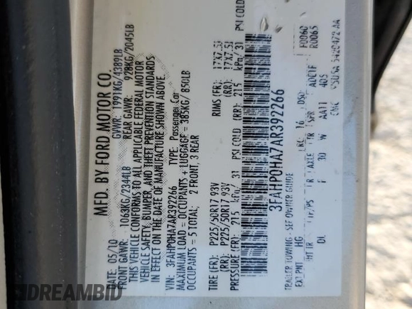 2010 Ford Fusion SE with VIN 3FAHP0HA7AR392266, listed as a Copart auction lot 76680094 with 119,925 mi miles and Salvage Title. Bid and sale history available at DreamBid. Image 12.
