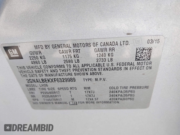 2015 Chevrolet Equinox LT with VIN 2GNALBEKXF6329989, listed as a IAAI auction lot 42054796 with 136,559 mi miles and . Bid and sale history available at carsss.com. Image 9.