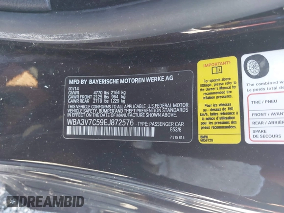 2014 BMW 4 Series 428i with VIN WBA3V7C59EJ872576, listed as a IAAI auction lot 41997699 with Not provided miles and . Bid and sale history available at DreamBid. Image 9.