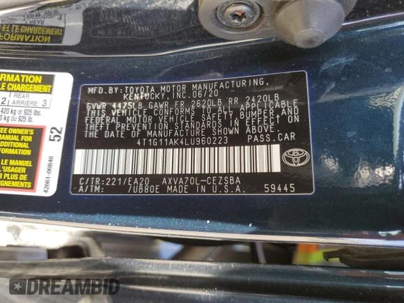 2020 Toyota Camry SE z VIN 4T1G11AK4LU960223, wystawiony jako Copart lot #52631995 z przebiegiem 45 084 mil mil oraz Szkoda całkowita • Salvage title. Historia ofert i sprzedaży dostępna na DreamBid. Obrazek 13.