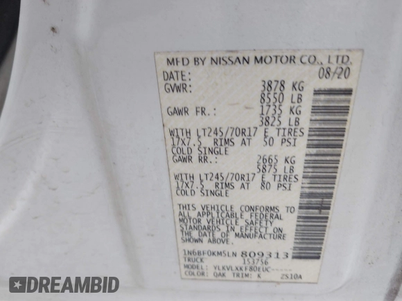 2020 Nissan NV Cargo SV z VIN 1N6BF0KM5LN809313, wystawiony jako IAAI lot #41863076 z przebiegiem 127 505 mil mil oraz . Historia ofert i sprzedaży dostępna na DreamBid. Obrazek 9.