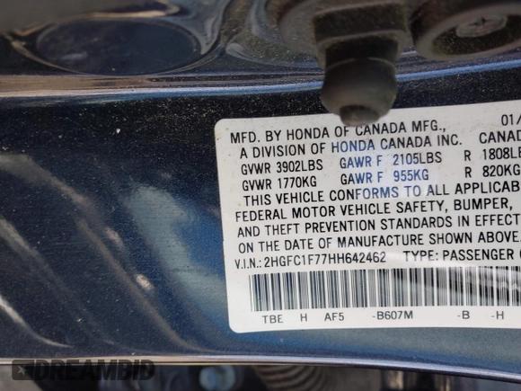2017 Honda Civic Sedan EX-L with VIN 2HGFC1F77HH642462, listed as a IAAI auction lot 41962942 with 93,277 mi miles. Bid and sale history available at carsss.com. Image 9.