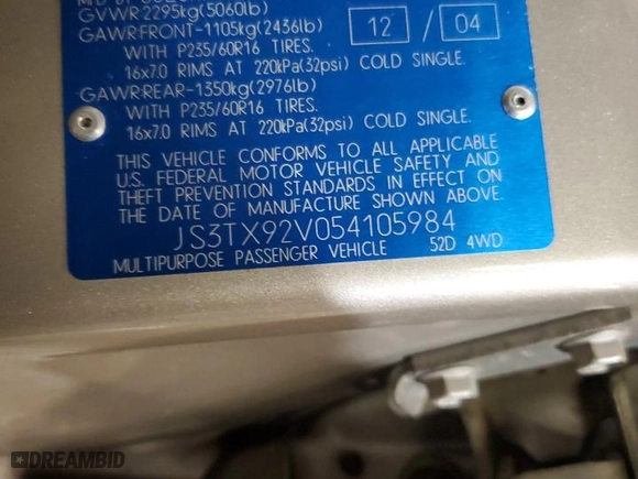 2005 Suzuki XL-7 LX with VIN JS3TX92V054105984, listed as a Copart auction lot 89070865 with 135,453 mi miles and Salvage Title. Bid and sale history available at carsss.com. Image 16.