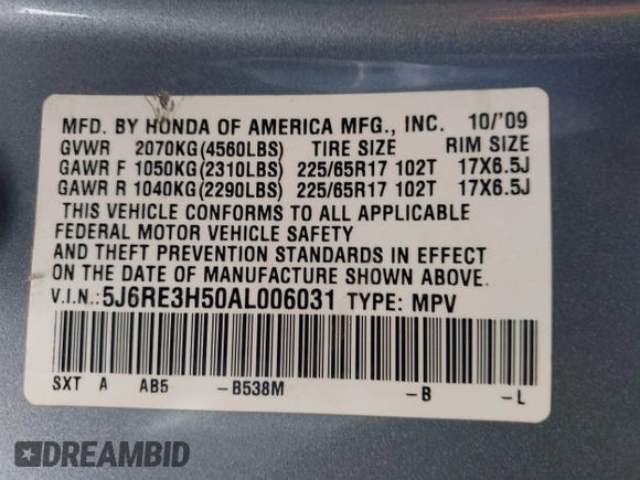 2010 Honda CR-V EX with VIN 5J6RE3H50AL006031, listed as a IAAI auction lot 42104423 with 209,418 mi miles and . Bid and sale history available at carsss.com. Image 9.