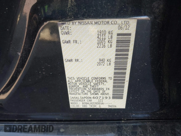 2013 Nissan Altima SV with VIN 1N4AL3AP0DN407193, listed as a IAAI auction lot 42152690 with 188,279 mi miles and . Bid and sale history available at carsss.com. Image 9.