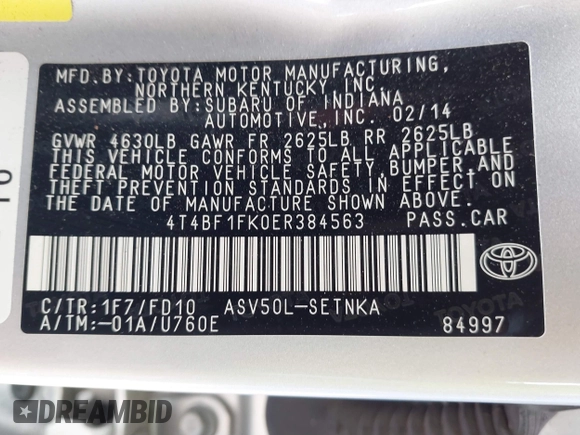2014 Toyota Camry L with VIN 4T4BF1FK0ER384563, listed as a IAAI auction lot 41782381 with 75,868 mi miles. Bid and sale history available at carsss.com. Image 9.
