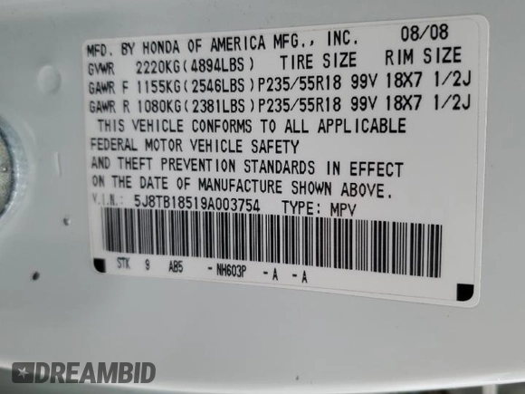 2009 Acura RDX Technology z VIN 5J8TB18519A003754, wystawiony jako Copart lot #43311175 z przebiegiem 88 768 mil mil oraz Szkoda całkowita • Salvage title. Historia ofert i sprzedaży dostępna na DreamBid. Obrazek 13.