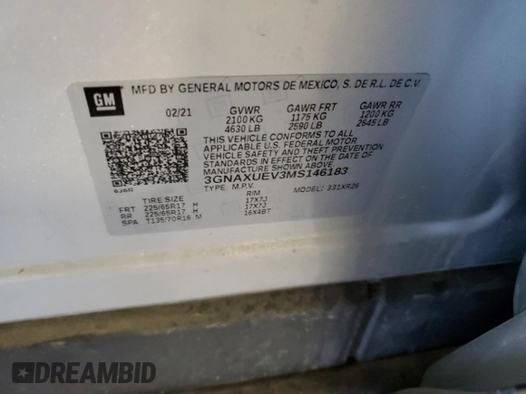 2021 Chevrolet Equinox LT with VIN 3GNAXUEV3MS146183, listed as a Copart auction lot 42927115 with 51,223 mi miles and Salvage Title. Bid and sale history available at DreamBid. Image 15.