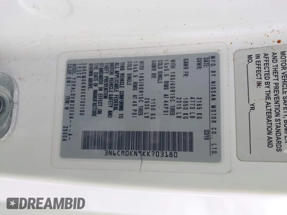 2019 Nissan NV200 S with VIN 3N6CM0KN9KK703180, listed as a IAAI auction lot 41626746 with 79,109 mi miles and . Bid and sale history available at DreamBid. Image 9.