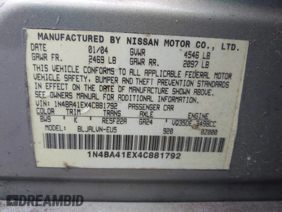 2004 Nissan Maxima SE with VIN 1N4BA41EX4C881792, listed as a IAAI auction lot 42083849 with 166,034 mi miles. Bid and sale history available at carsss.com. Image 9.