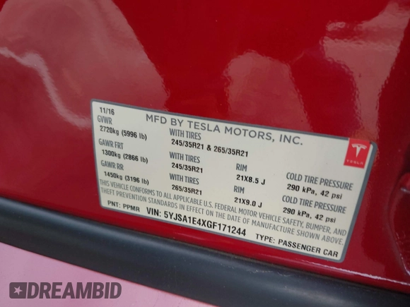 2016 Tesla Model S 90D z VIN 5YJSA1E4XGF171244, wystawiony jako IAAI lot #42584589 z przebiegiem 85 412 mil mil oraz . Historia ofert i sprzedaży dostępna na DreamBid. Obrazek 9.