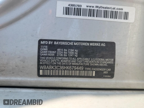 2017 BMW 3 Series 330i xDrive with VIN WBA8K3C36HK679449, listed as a Copart auction lot 64266974 with Not Provided miles and Salvage Title. Bid and sale history available at carsss.com. Image 15.