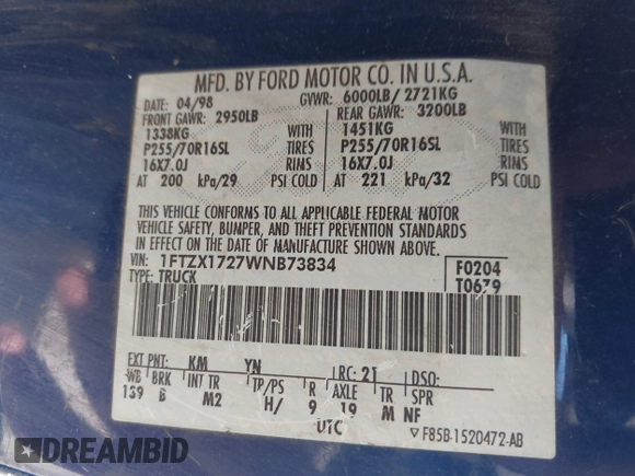 1998 Ford F-150 с VIN 1FTZX1727WNB73834, выставлен на аукционе IAAI как лот 42250564 с пробегом 262 078 миль миль и . История ставок и продаж доступна на DreamBid. Изображение 9.