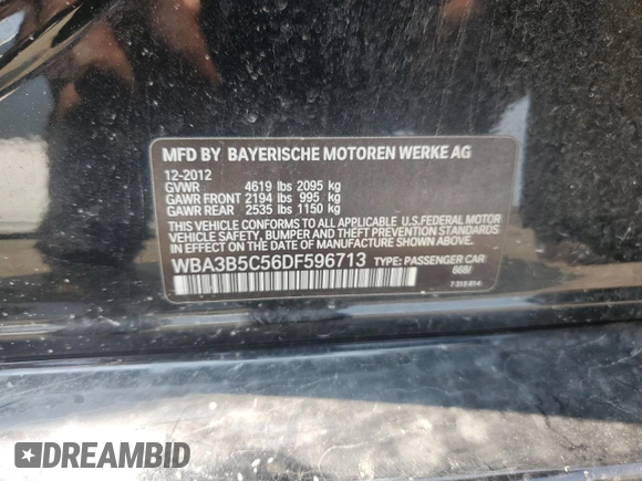 2013 BMW 3 Series 328i xDrive with VIN WBA3B5C56DF596713, listed as a Copart auction lot 60569135 with Not provided miles and Salvage title. Bid and sale history available at DreamBid. Image 13.