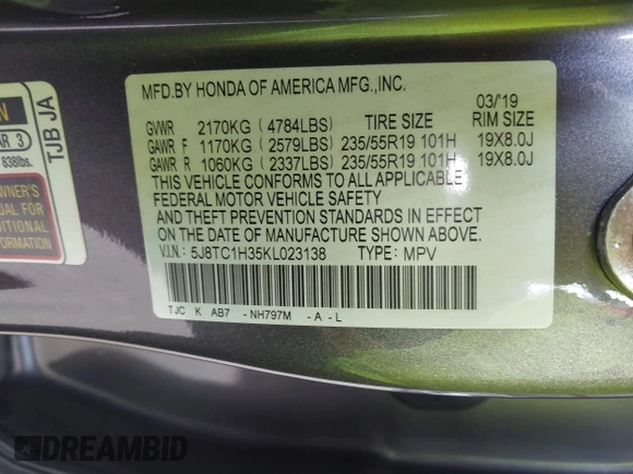 2019 Acura RDX with VIN 5J8TC1H35KL023138, listed as a IAAI auction lot 42533262 with 42,126 mi miles and . Bid and sale history available at DreamBid. Image 9.