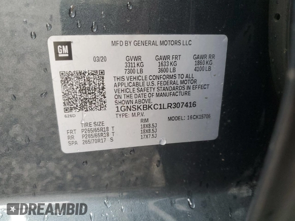 2020 Chevrolet Tahoe LT с VIN 1GNSKBKC1LR307416, выставлен на аукционе Copart как лот 52000565 с пробегом 159 222 миль миль и Списание • Salvage title. История ставок и продаж доступна на DreamBid. Изображение 13.