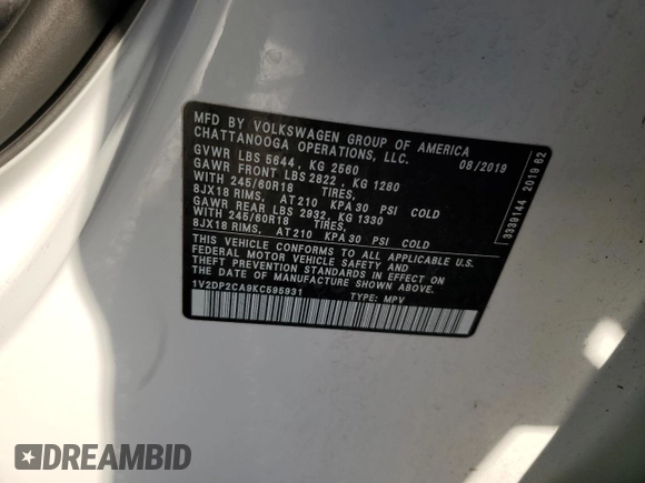 2019 Volkswagen Atlas SE with VIN 1V2DP2CA9KC595931, listed as a Copart auction lot 84701994 with 77,000 mi miles and Salvage title. Bid and sale history available at DreamBid. Image 15.