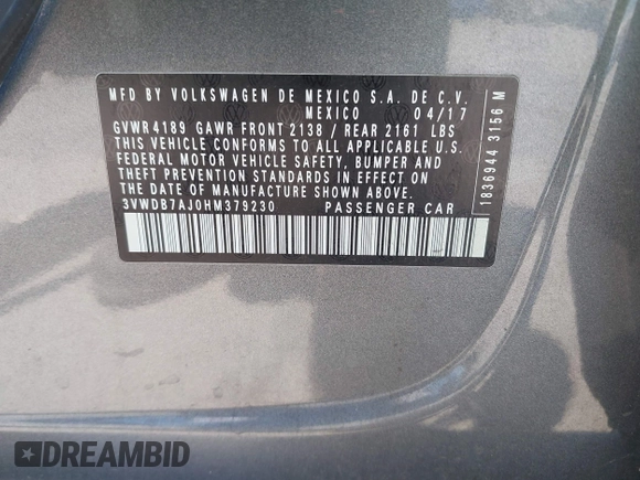 2017 Volkswagen Jetta SE with VIN 3VWDB7AJ0HM379230, listed as a IAAI auction lot 42788330 with 116,330 mi miles and . Bid and sale history available at DreamBid. Image 9.