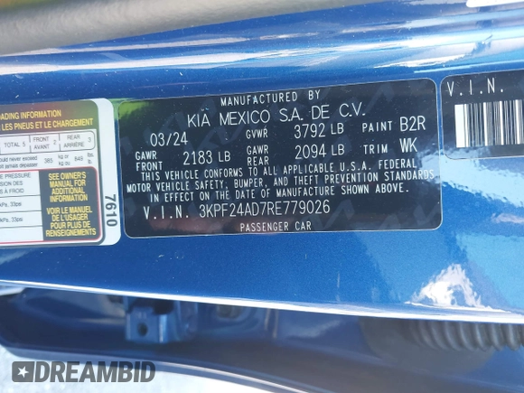 2024 Kia Forte LXS z VIN 3KPF24AD7RE779026, wystawiony jako IAAI lot #41148851 z przebiegiem Nie podano mil oraz . Historia ofert i sprzedaży dostępna na DreamBid. Obrazek 9.