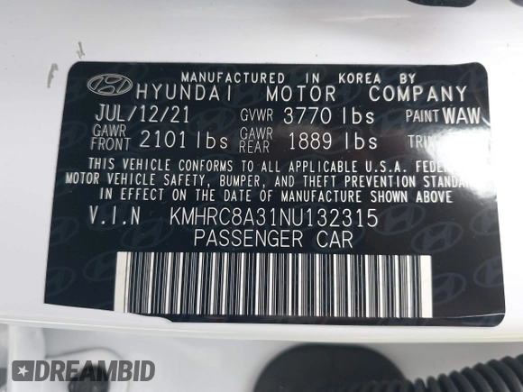 2022 Hyundai Venue Limited with VIN KMHRC8A31NU132315, listed as a IAAI auction lot 41998729 with 31,976 mi miles and . Bid and sale history available at DreamBid. Image 9.