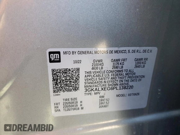 2023 GMC Terrain Denali with VIN 3GKALXEG6PL138220, listed as a Copart auction lot 50645235 with 57,048 mi miles and Salvage title. Bid and sale history available at DreamBid. Image 13.