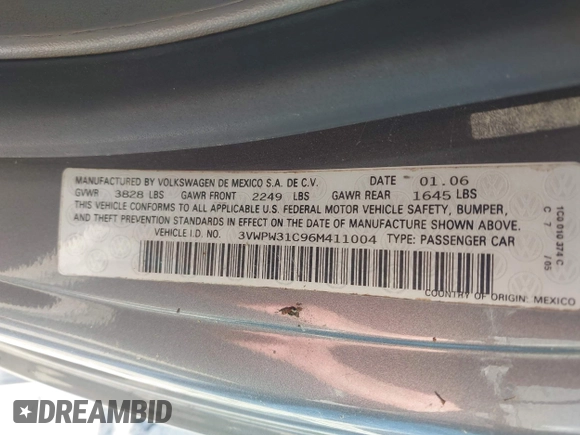 2006 Volkswagen Beetle с VIN 3VWPW31C96M411004, выставлен на аукционе IAAI как лот 42551011 с пробегом 95 514 миль миль и . История ставок и продаж доступна на DreamBid. Изображение 9.
