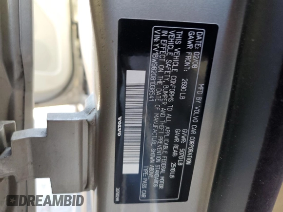 2008 Volvo V70 with VIN YV1BW982081038541, listed as a Copart auction lot 75408094 with 171,455 mi miles and Salvage Title. Bid and sale history available at DreamBid. Image 15.