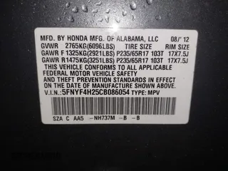 2012 Honda Pilot LX with VIN 5FNYF4H25CB086054, listed as a IAAI auction lot 41732068 with 139,084 mi miles and . Bid and sale history available at carsss.com. Image 9.