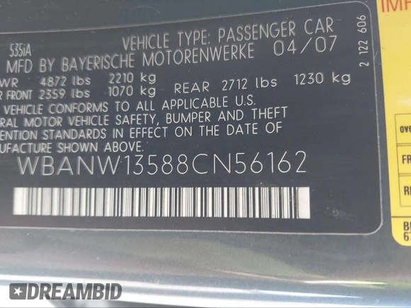 2008 BMW 5 Series 535i z VIN WBANW13588CN56162, wystawiony jako IAAI lot #40265968 z przebiegiem Nie podano mil oraz . Historia ofert i sprzedaży dostępna na DreamBid. Obrazek 9.