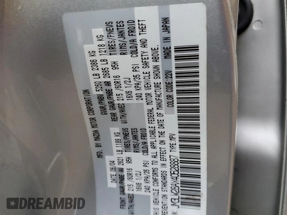 2004 Mazda MPV LX z VIN JM3LW28AX40528887, wystawiony jako Copart lot #49322875 z przebiegiem 207 521 mil mil oraz Szkoda całkowita • Salvage title. Historia ofert i sprzedaży dostępna na DreamBid. Obrazek 15.