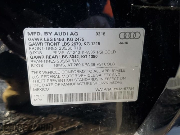 2018 Audi Q5 Premium with VIN WA1ANAFY8J2157784, listed as a Copart auction lot 84956734 with 103,611 mi miles and Salvage Title. Bid and sale history available at carsss.com. Image 12.