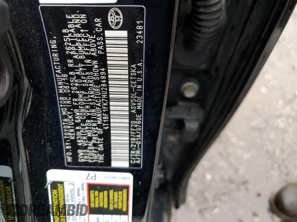 2017 Toyota Camry XLE with VIN 4T1BF1FK7HU284894, listed as a Copart auction lot 49869155 with 217,074 mi miles and Salvage Title. Bid and sale history available at carsss.com. Image 14.