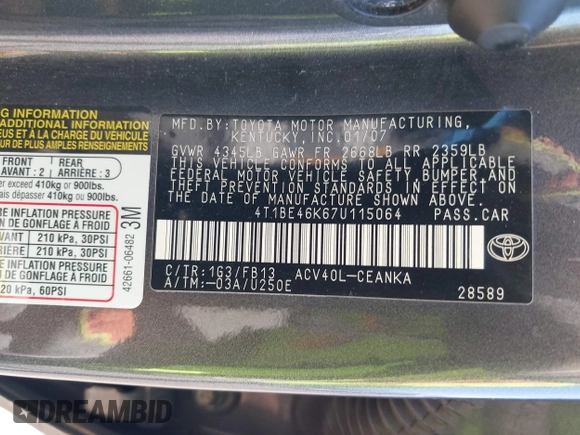 2007 Toyota Camry CE with VIN 4T1BE46K67U115064, listed as a IAAI auction lot 42083304 with 177,284 mi miles and . Bid and sale history available at DreamBid. Image 9.