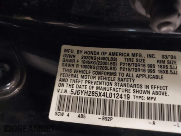 2004 Honda Element EX with VIN 5J6YH285X4L012419, listed as a IAAI auction lot 42664448 with 58,869 mi miles and . Bid and sale history available at DreamBid. Image 9.