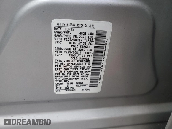 2013 Nissan Rogue S with VIN JN8AS5MV4DW115872, listed as a Copart auction lot 86979144 with 71,252 mi miles and Clean Title. Bid and sale history available at DreamBid. Image 13.