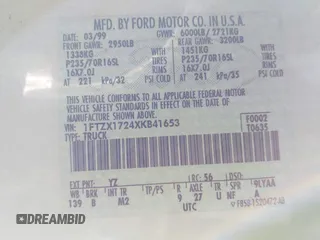 1999 Ford F-150 с VIN 1FTZX1724XKB41653, выставлен на аукционе IAAI как лот 41267645 с пробегом 114 075 миль миль и . История ставок и продаж доступна на DreamBid. Изображение 9.