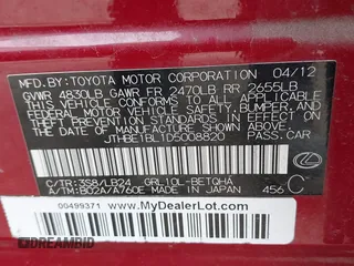 2013 Lexus GS 350 z VIN JTHBE1BL1D5008820, wystawiony jako IAAI lot #42038902 z przebiegiem 69 460 mil mil oraz . Historia ofert i sprzedaży dostępna na DreamBid. Obrazek 9.