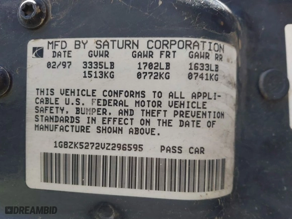 1997 Saturn SL with VIN 1G8ZK5272VZ296595, listed as a IAAI auction lot 41393070 with 186,941 mi miles. Bid and sale history available at carsss.com. Image 9.