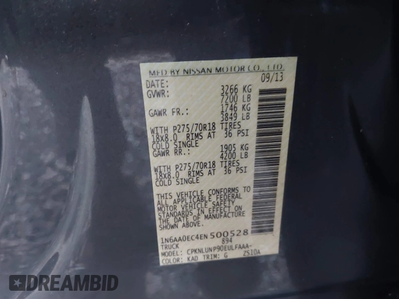 2014 Nissan Titan S with VIN 1N6AA0EC4EN500528, listed as a IAAI auction lot 41323510 with 31,164 mi miles and . Bid and sale history available at DreamBid. Image 9.