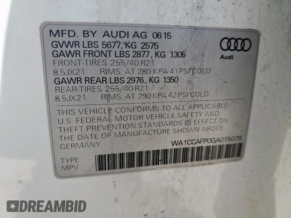 2016 Audi SQ5 Premium Plus with VIN WA1CCAFP0GA015076, listed as a Copart auction lot 57091295 with 136,573 mi miles and Salvage title. Bid and sale history available at DreamBid. Image 14.