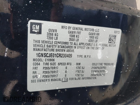 2012 Chevrolet Suburban LT with VIN 1GNSCJE01CR230409, listed as a IAAI auction lot 41300524 with 278,451 mi miles. Bid and sale history available at carsss.com. Image 9.